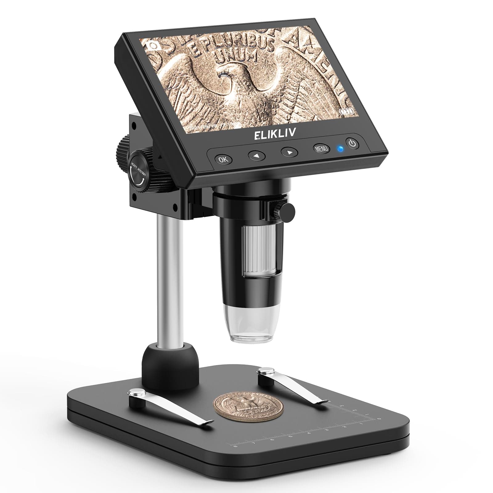 Coin Microscope, 4.3'' LCD Digital Microscope 1000x, Coin Magnifier with 8 Adjustable LED Lights, PC View Compatible with Windows/Mac, EDM4B, Black