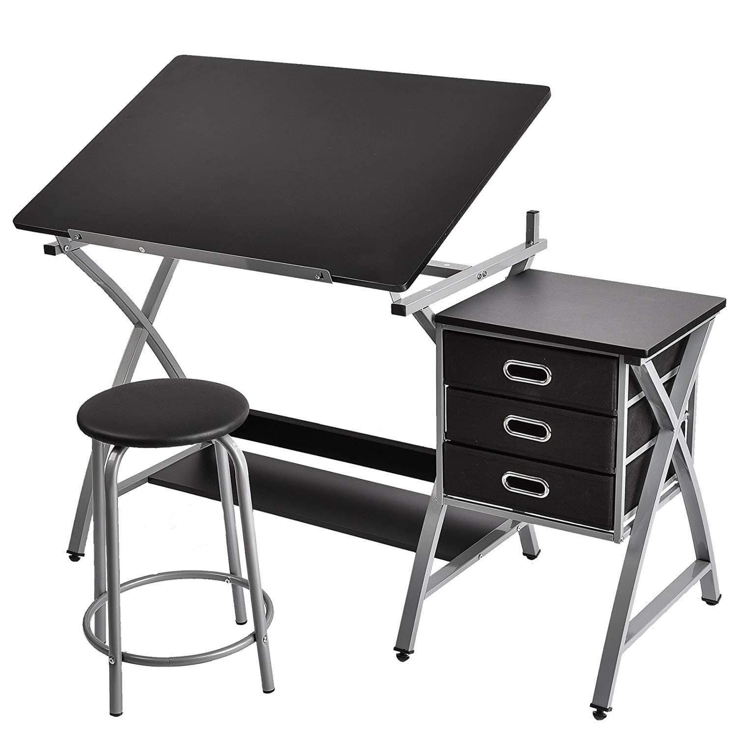 MECOR Drafting Table Art Craft Drawing Desk Art Hobby Folding Adjustable with Stool and 3 Drawers/Additional lower shelf, Black