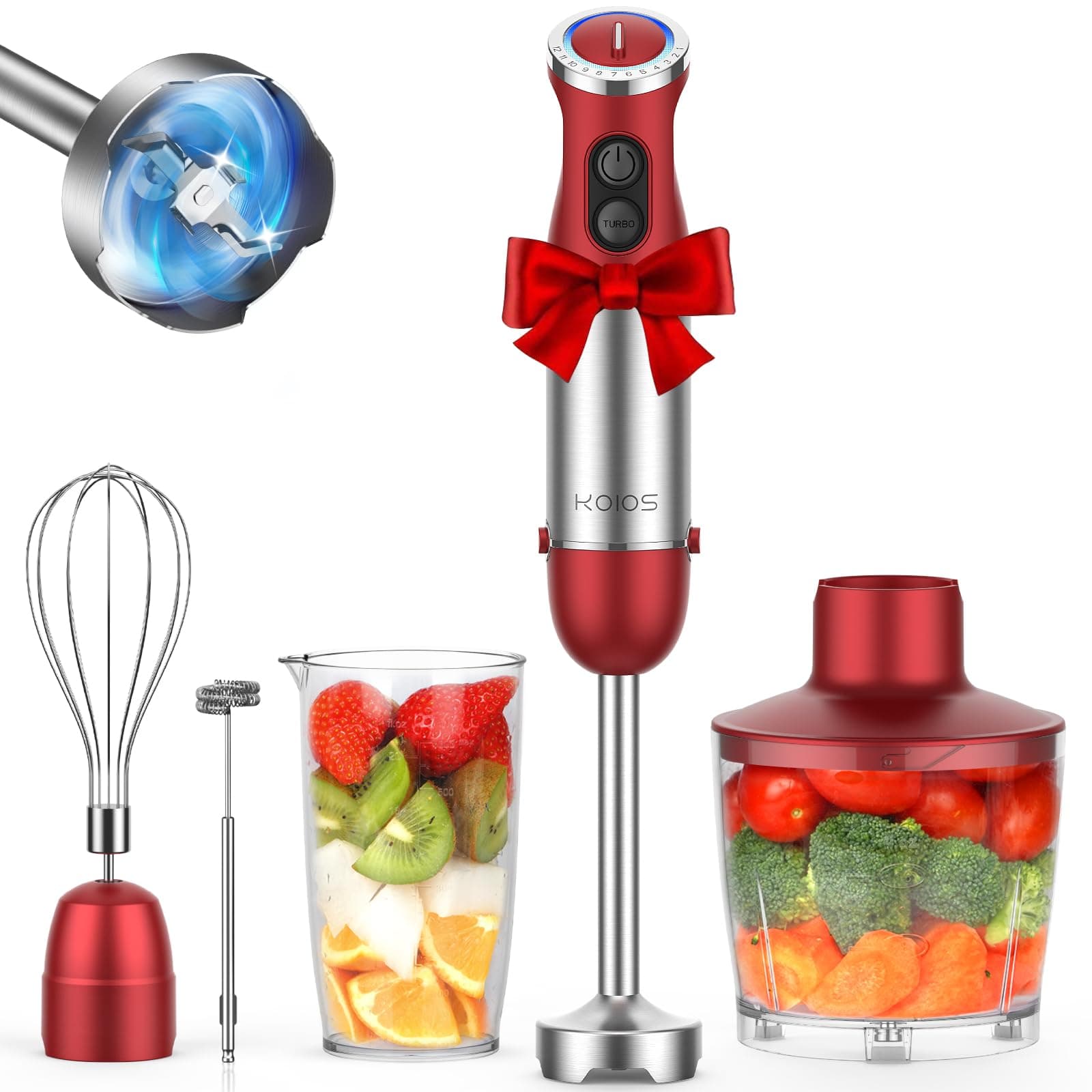 5-in-1 Hand Immersion Blender, 1000W 12 Speed Handheld Blender Stick with Copper Motor Stainless Steel Blade, 600ml Mixing Beaker,500ml Food Processor, Whisk, Milk Frother, Non-BPA, Red