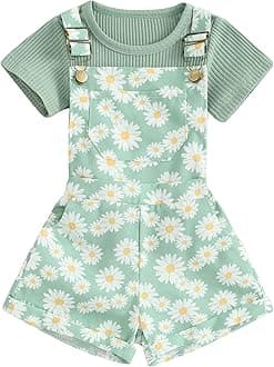 Toddler Baby Girl Overalls Romper Outfit Kids Ruffle Sleeve Tops T-Shirt + Floral Suspender Pocket Shorts Clothes Set