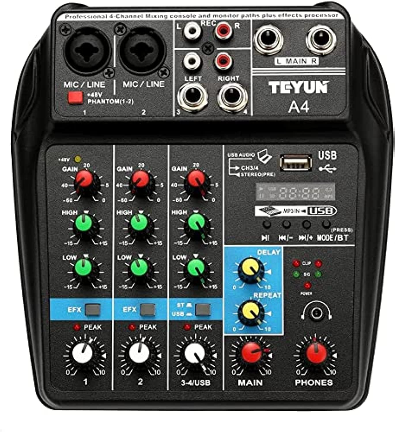 Audio Mixer Bluetooth USB Record 4-Channel BT Sound Mixing Console Mono Stereo Input Reverb Effects 48V Phantom PoweR Audio Interface Board for Stage Tuning Home KTV Studio Music etc