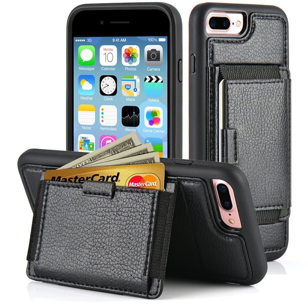 iPhone 7 plus Wallet Case, ZVE iPhone 7 plus Case with Credit Card ID Holders Kickstand Protective shockproof leather Wallet Case cover with Stand Feature Case for Apple 7 plus 5.5 Black