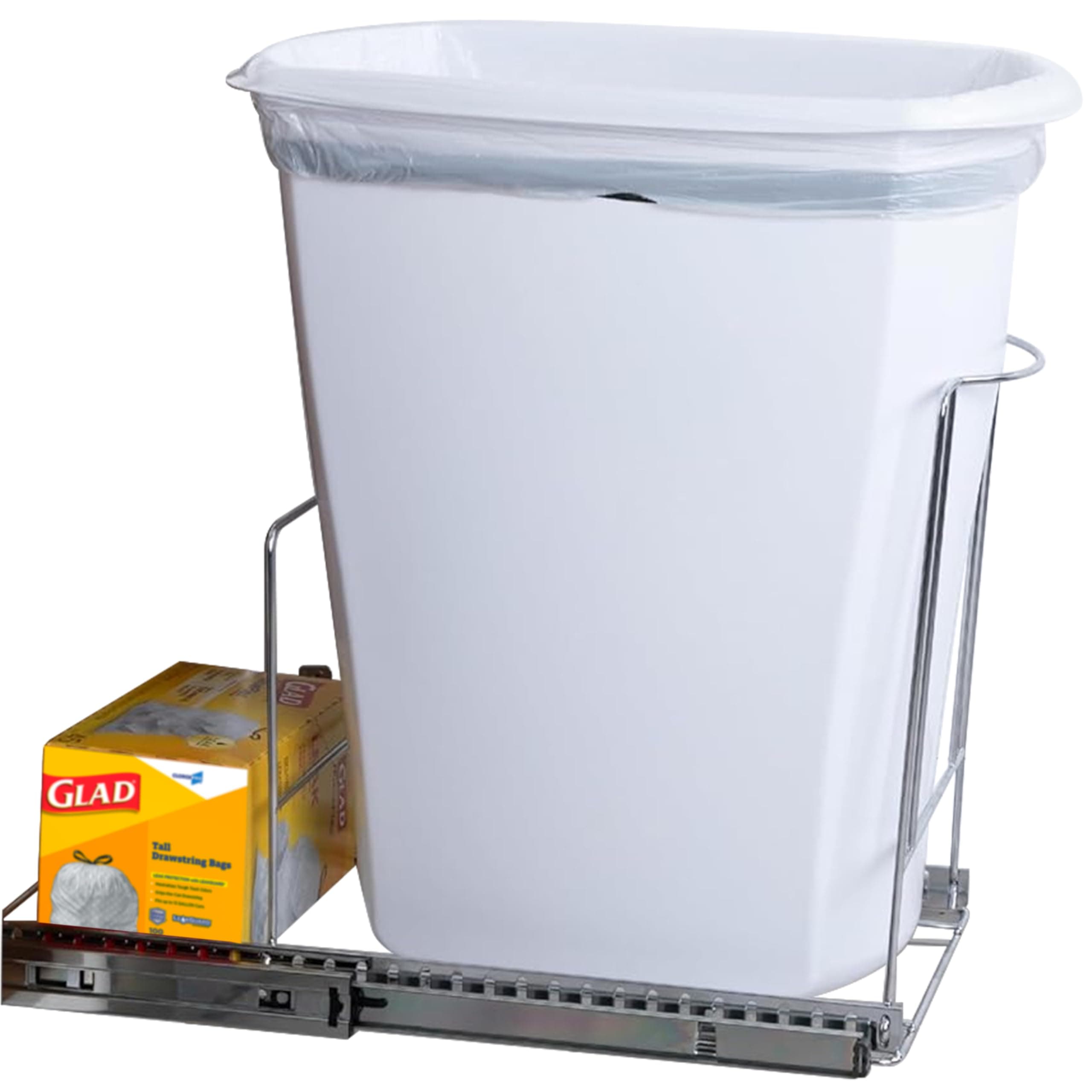 Pull-Out Trash Can for Cabinet - 12 Gal / 48 qt – Heavy-Duty Chrome, Smooth Slide with Trash Bag Storage – Fits 13" Cabinet Opening (Bin Not Included)