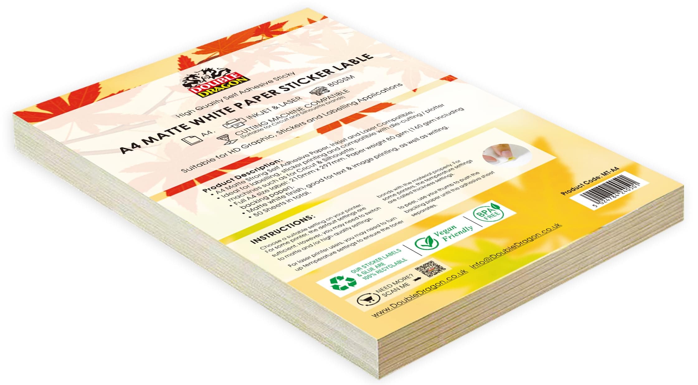 50 Sheets A4 White Matte Sticker Paper, A4 Label 1 Per Sheet, Self Adhesive, Suitable for Inkjet & Laser Printing, Sticky Back, Customisable Universal Labels, Address Labels, Printer Label [Quickdry]