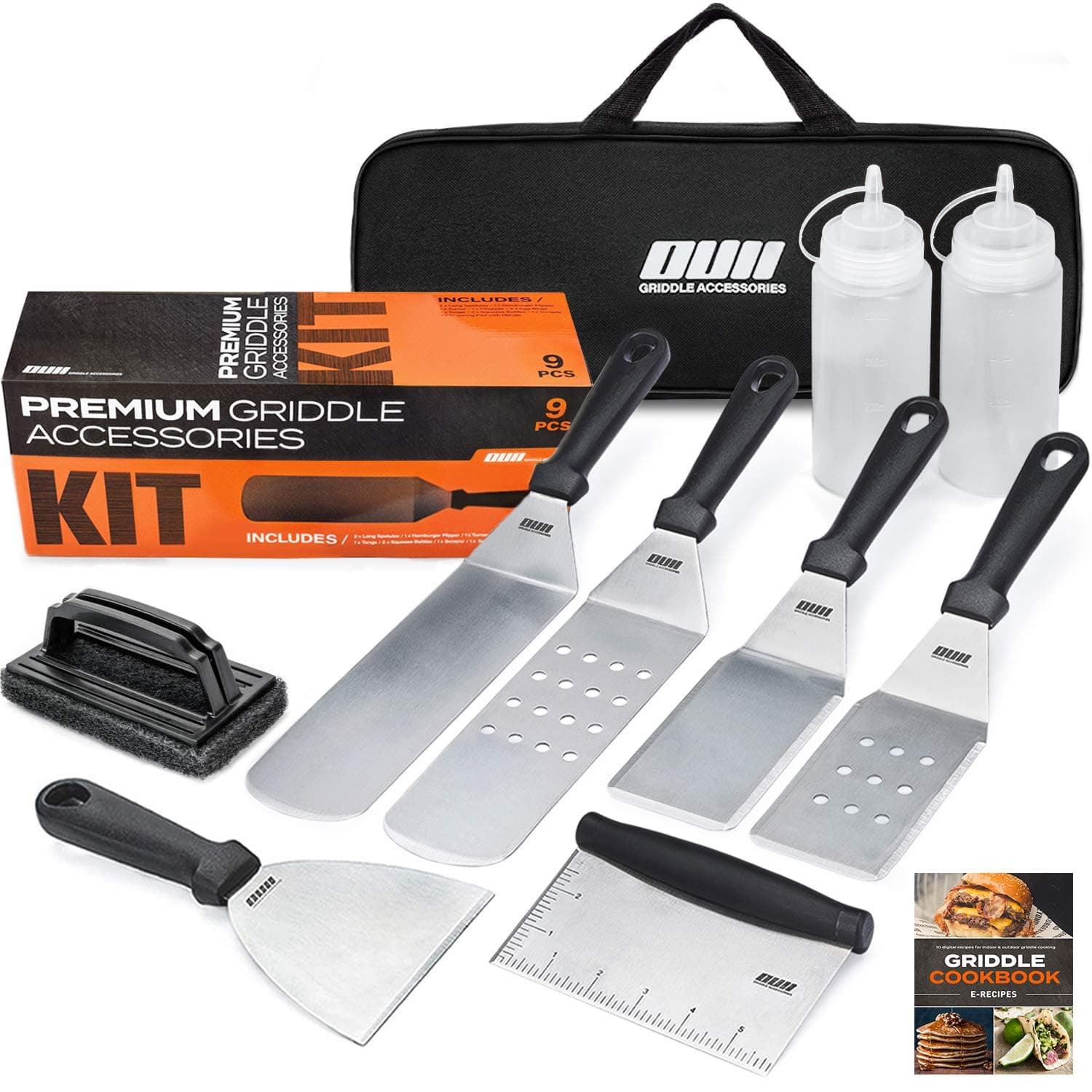 Flat Top Griddle Accessories Set for Blackstone and Camp Chef Griddle - 9 Pieces Set with Griddle Cleaning Kit and Carry Bag! Metal Spatula, Scraper for Hibachi Grill and Teppanyaki Grill