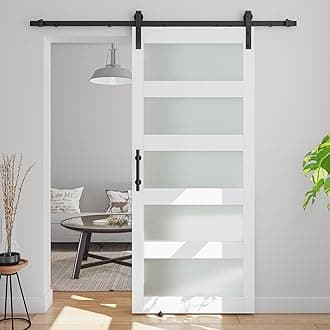 36" x 84" 5 Panel Glass Barn Door with 6.5' Sliding Door Hardware Kit & Handles with Drill Holes Easy Assembly Solid Wood Slab & MDF Waterproof PVC Surface Cover White