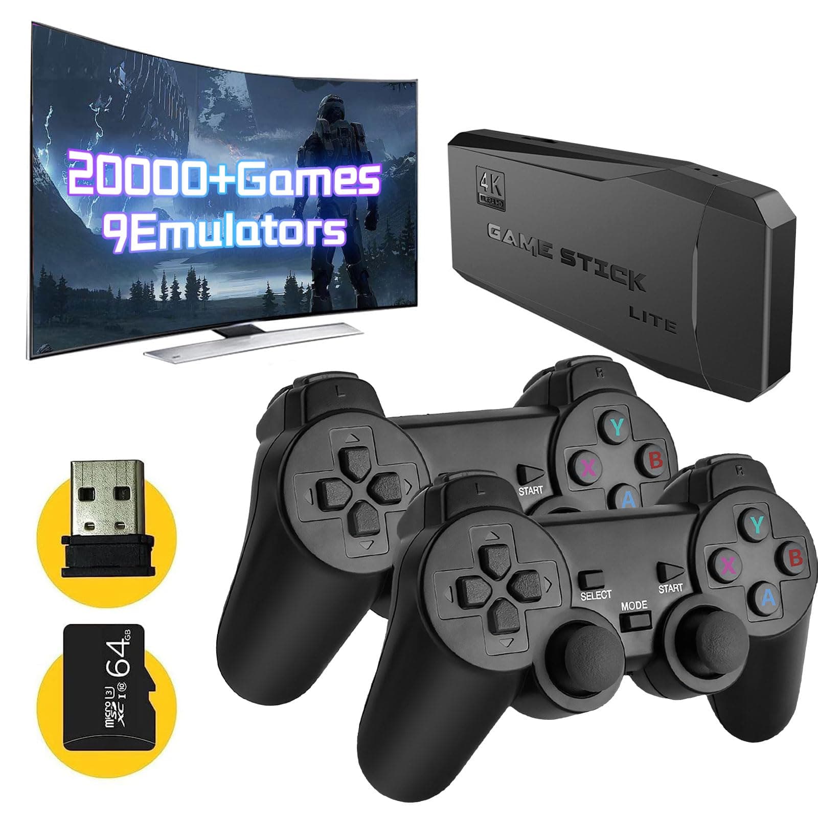 Retro Gaming Console,Retro Game Console,Retro Play Game Stick,Retro Game Stick ,Nostalgia Stick Game,Retro Plug and Play Gaming System,20,000+ Games, 4K HDMI Output,with Dual2.4G Wireless Controllers