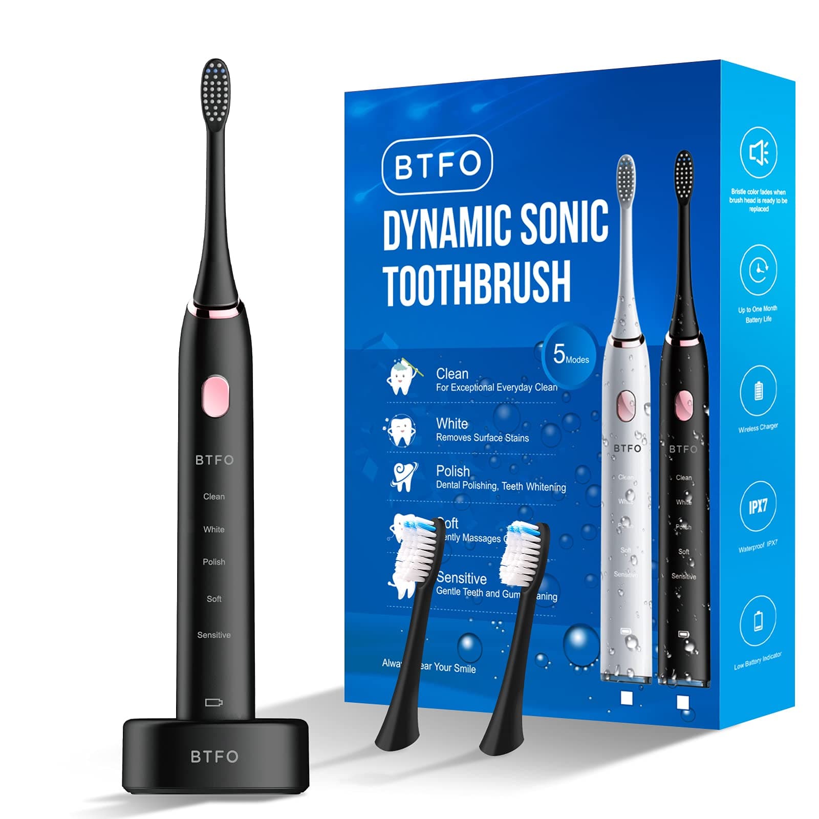 Electric Toothbrush with 5 Modes, 2pcs Replacement Brush Heads USB Rechargeable Smart Electronic Toothbrush with Holder for Adults IPX7 Waterproof Timing Fast Charging (Black, 1741-01)