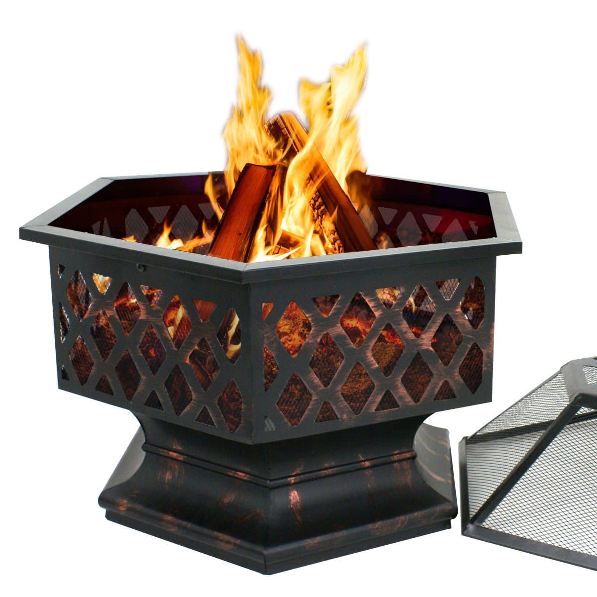 LEMYHex Shaped Fire Pit Wood Burning Fireplace Firepit Bowl with Spark Screen Cover Patio Backyard Heater Steel 24"