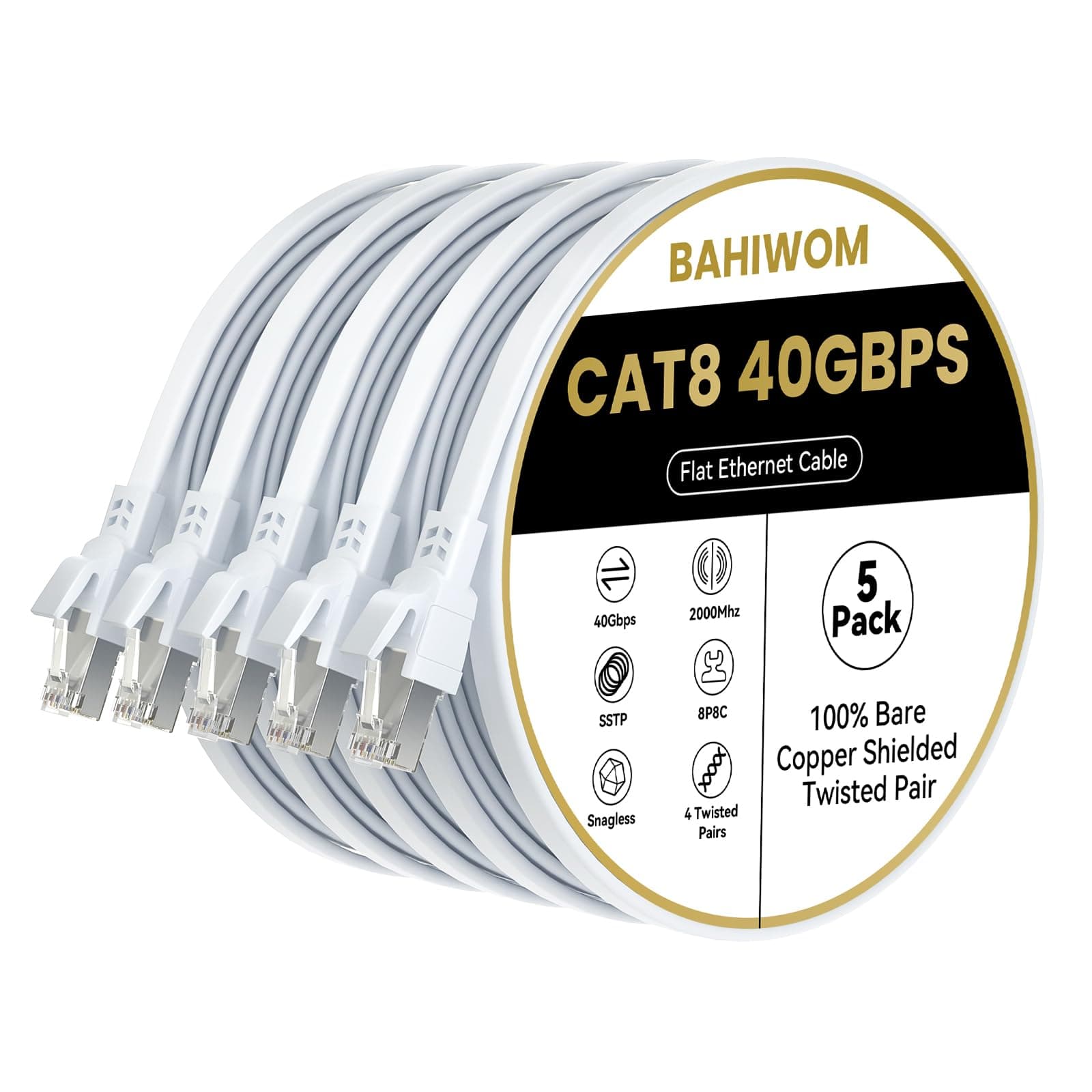 Cat8 Ethernet Cable 0.5m (5 Pack), 40 Gbit/s 2000 MHz Lan Network Cable Gigabit Patch Cable, Flat Internet Cable Compatible with Router, with Modem, with PC, with Laptop - White