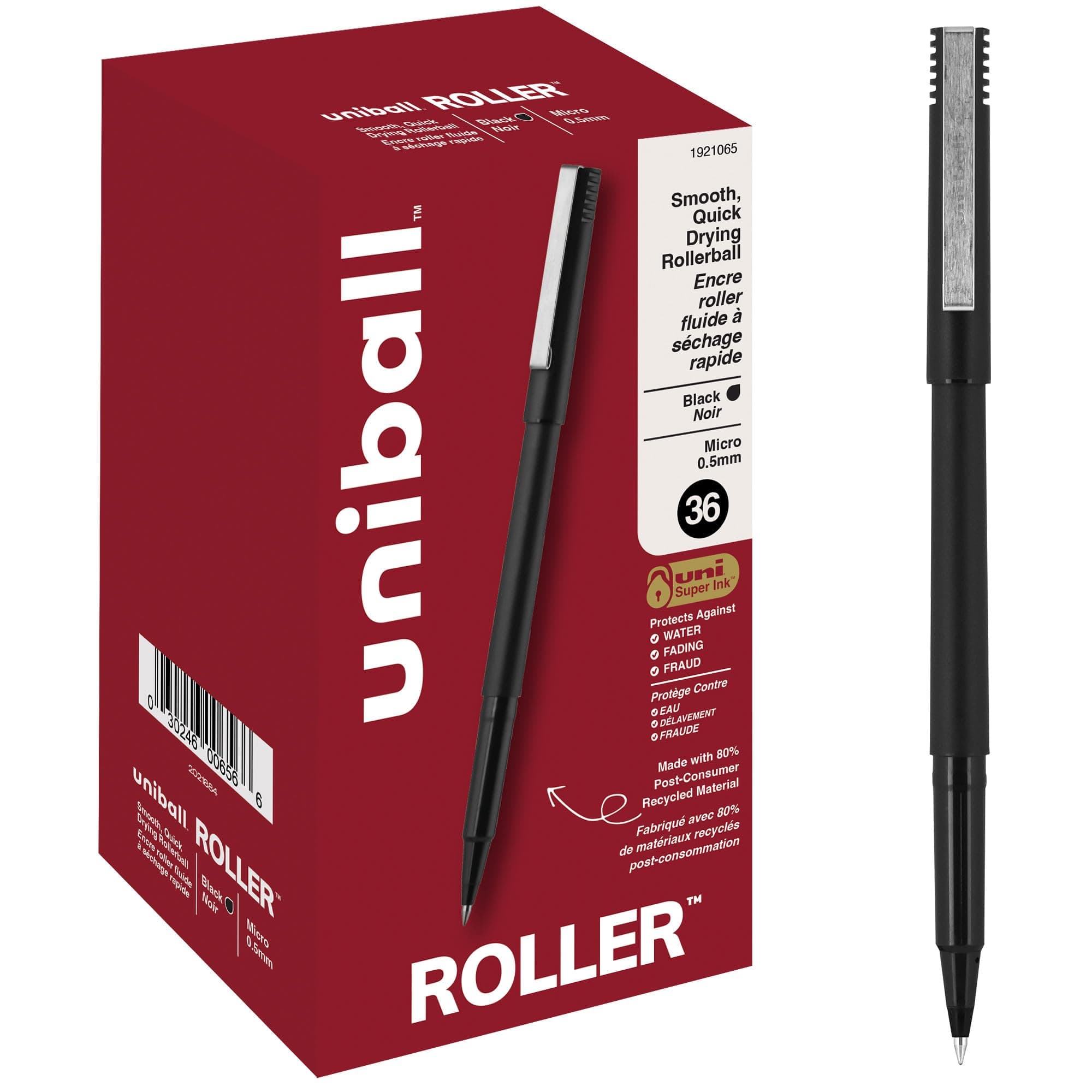 uniball Roller Rollerball Pens, Micro Point (0.5mm), Black, 36 Pack