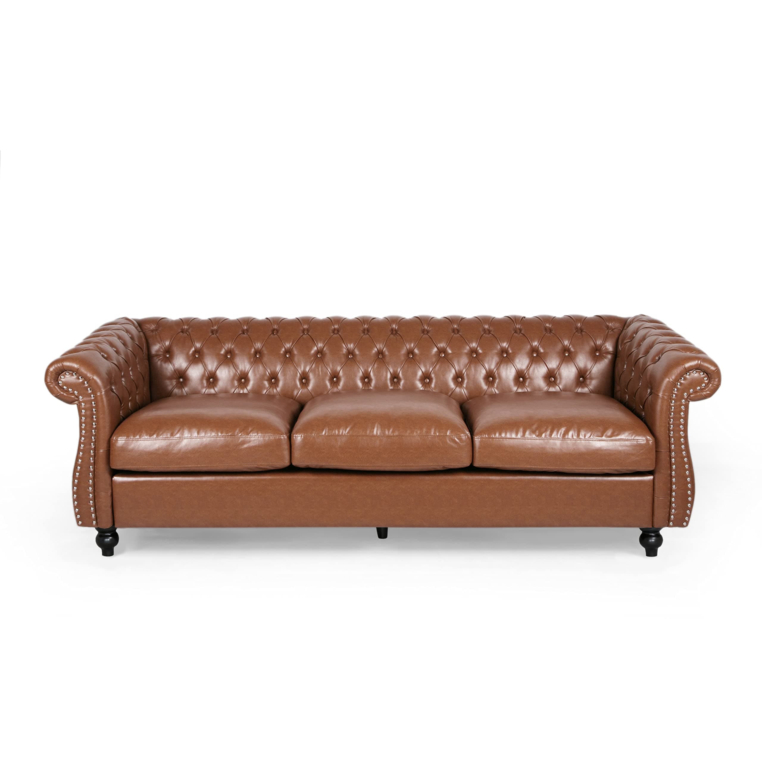 Christopher Knight Home Quentin Chesterfield Tufted Sofa with Scroll Arms, Cognac Brown and Dark Brown