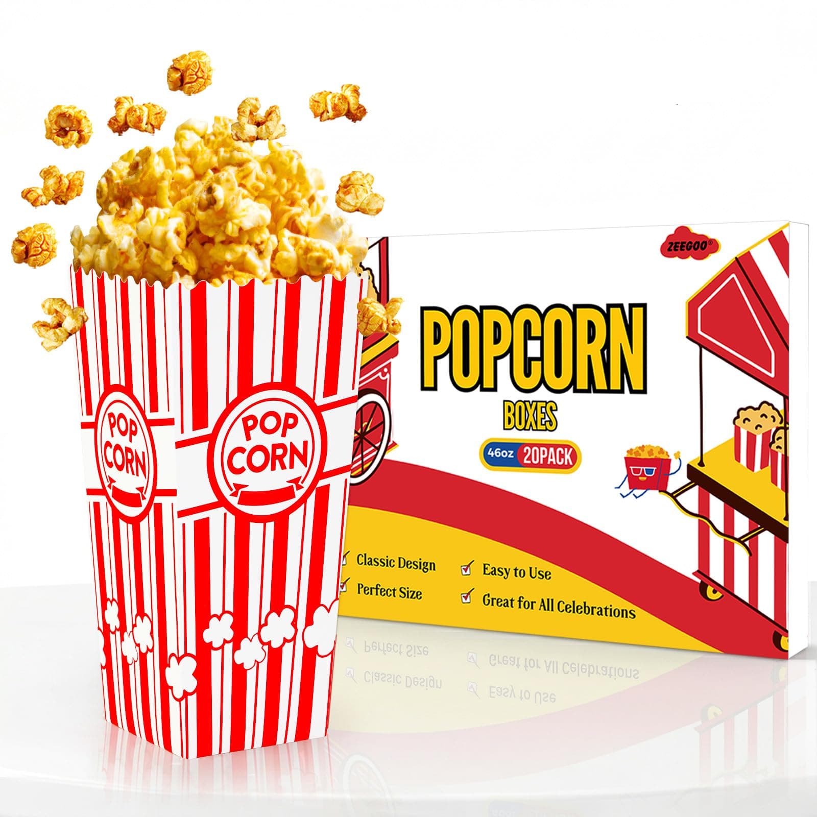 ZEEGOO Popcorn Boxes, 20 Pack 46oz Large Capacity Popcorn Bucket, Sturdy Grease-Resistant Paper, Fast Assembly, Movie Night Supplies for Kids Birthday Party, School Fundraisers, Church Events