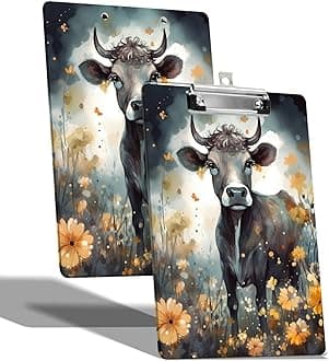 A4 Size Clipboard with Hanging Hook and Low Profile Clip, Plastic Nurse Clipboard Writing Drawing Board with Double-Side Cow Sunflower Print for Woman Kids Office School Use