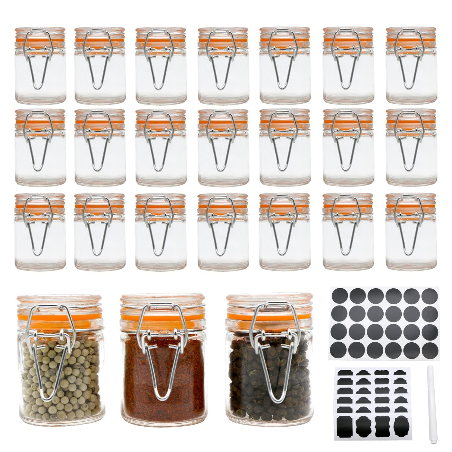 1.7 oz Mini Glass Spice Bottles, 24 Pack Small Glass Jars with Airtight Lid and Leak Proof Rubber Gasket, Empty Spice Containers with Labels for Home and Kitchen