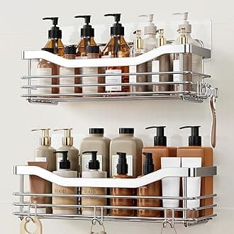 Orimade Shower Caddy Basket with 5 Hooks for Hanging Razor and Sponge Bathroom Organizer Shelf Kitchen Storage Rack Wall Mounted Adhesive No Drilling SUS304 Stainless Steel - 2 Pack (Stainless Steel)