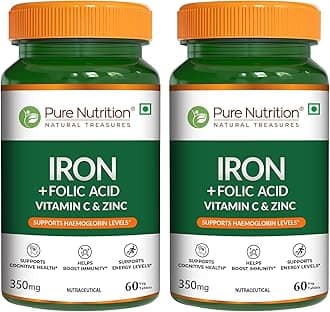 Pure Nutrition Iron Folic Acid Supplement with Zinc, Vitamin C & Vitamin B12 for Men & Women | Supports Haemoglobin Production, Boosts Immunity & Maintains Iron Level - 60 Veg Tablets (Pack 2)