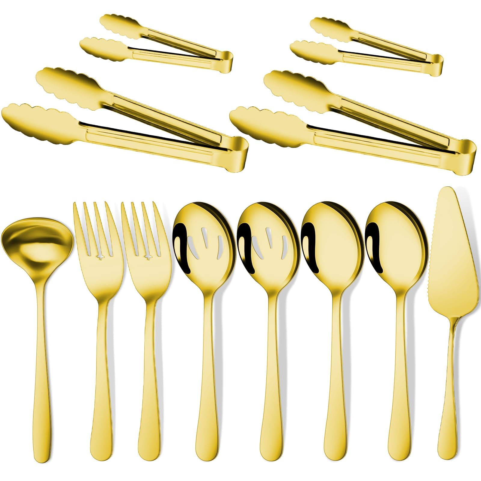 Gold 12 Pieces Serving Utensils Include Large Serving Spoons,Slotted Serving Spoons,Serving Forks,Serving Tongs,Appetizers Tongs,Soup Ladle and Pie Cake Server for Buffet Catering