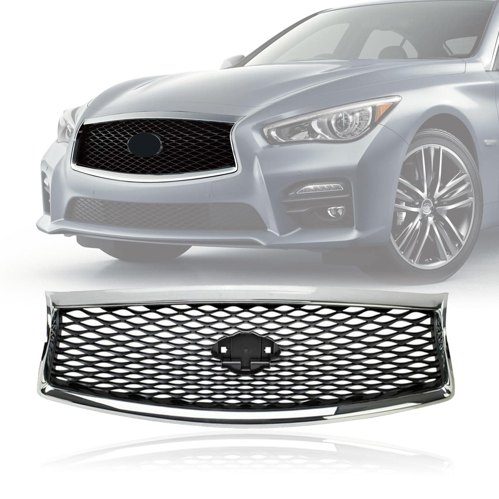 YLT AUTO Front Cover Upper Bumper Chrome Grille Fit 2014-2017 for Infiniti Q50 Gloss Front Mesh Air Intake Assembly Replacement Shroud