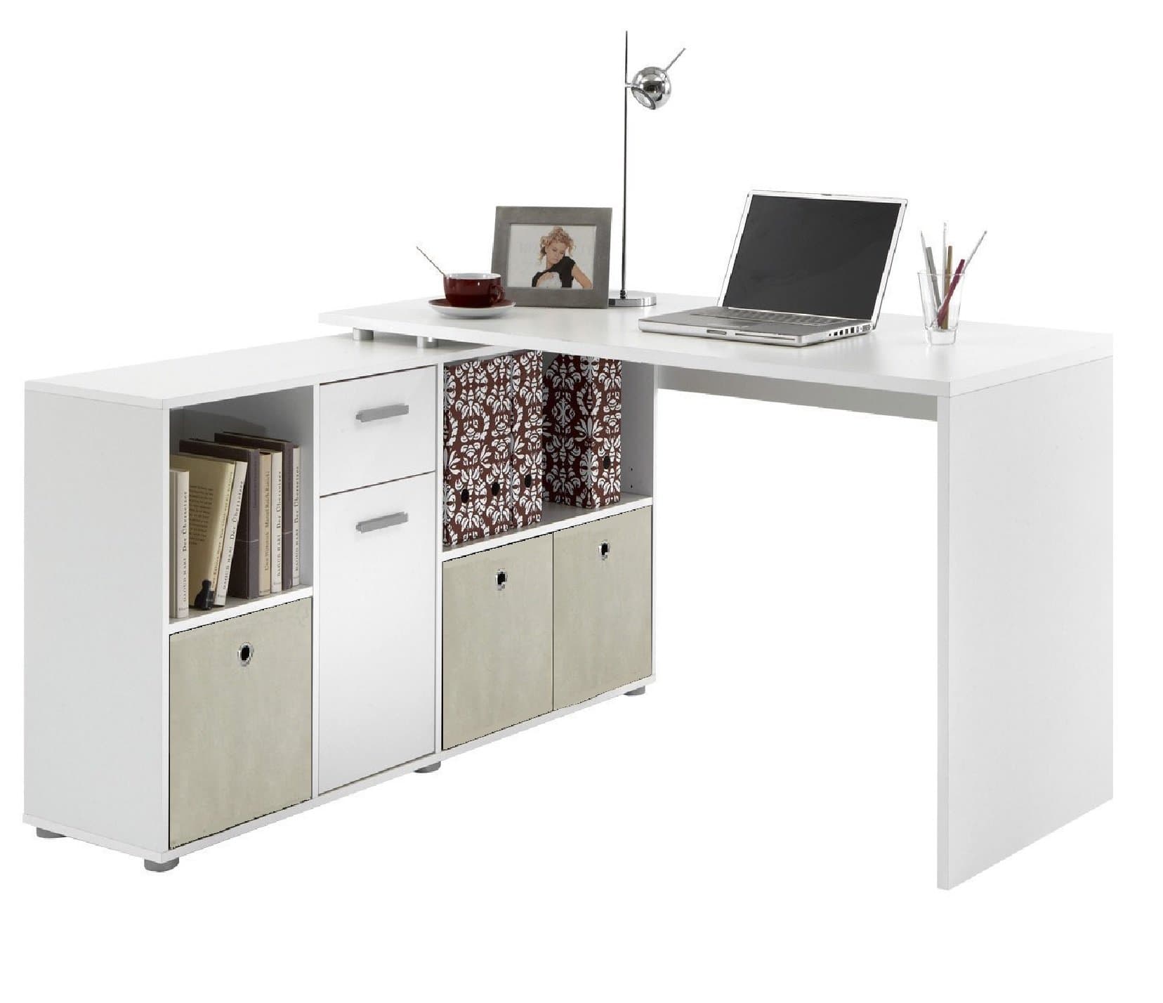 LEXA Corner Home Office Computer Desk Finished in White Includes 3 Natural Coloured Canvas Storage Boxes