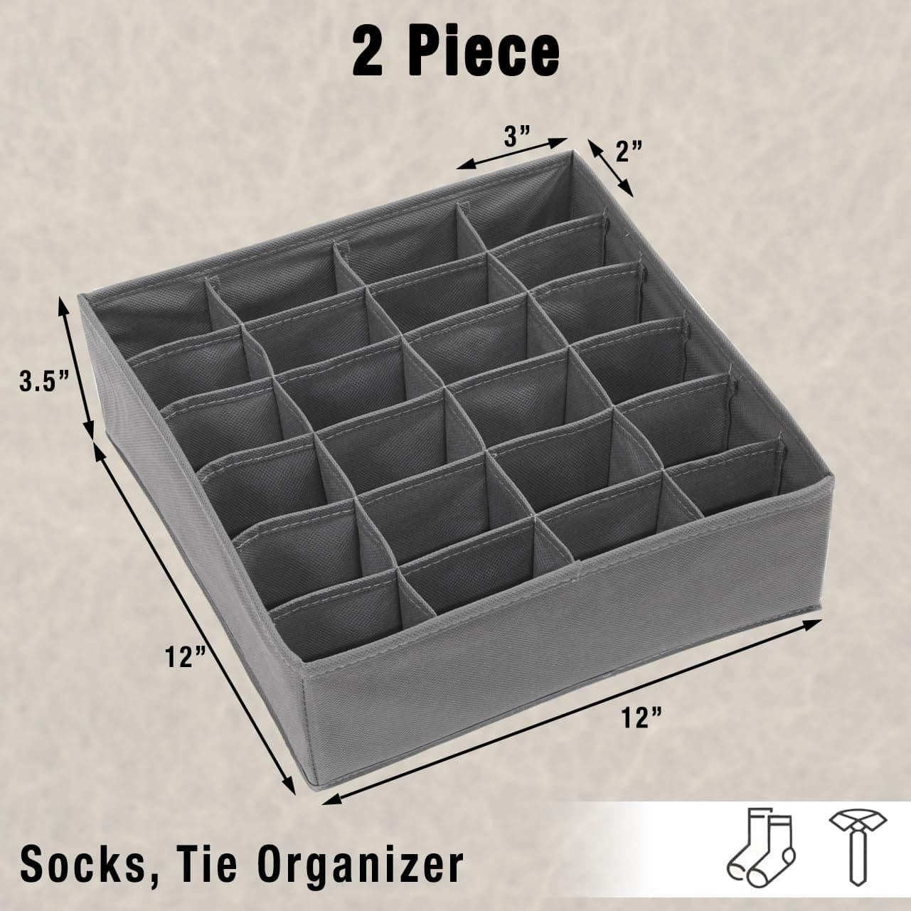 2 Pack - Simple Houseware Closet Socks Organizer, 24 Cell Drawer Divider, Dark Grey