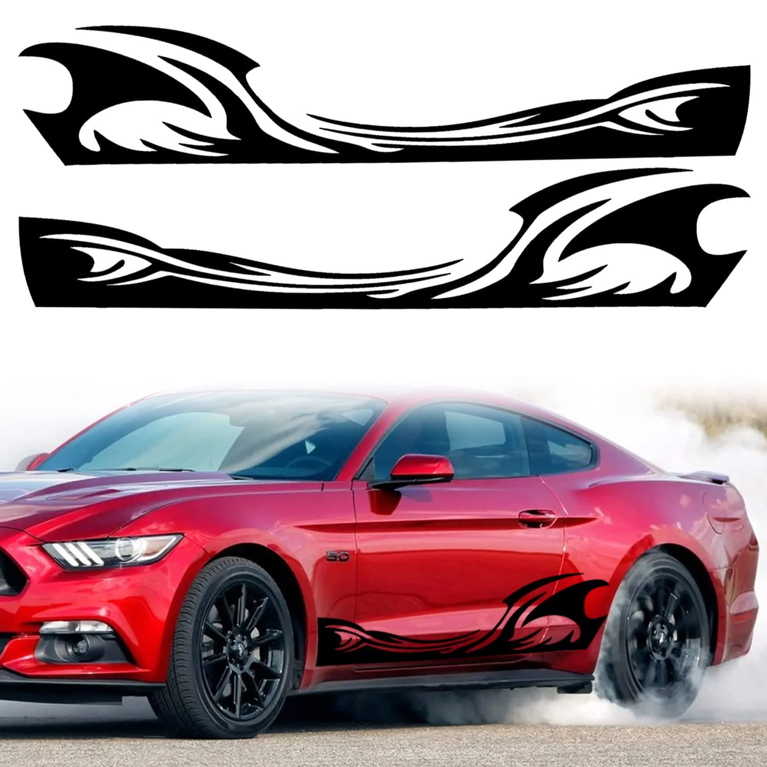 Leasinder 2Pcs 82'' Universal Wave Flame Graphics Car Auto Body Side Sticker Flame Racing Sports Self-Adhesive Strip Decals Decoration Accessories for Truck SUV Off-Road Vehicles (Black)