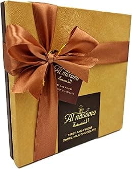 Al Nassma Camel Milk Chocolate Praline Gift Box (9 Piece Pralines: Hazelnut Nougat, Arabic Coffee, Pistachio Marzipan) | Made in Dubai Arabian Gourmet | Perfect for Eid Present, Eidiya,UAE union Day