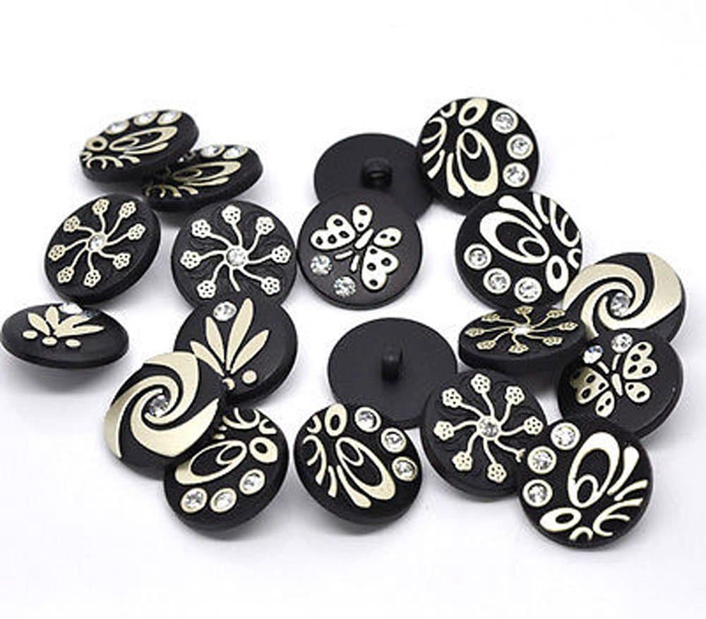 200 Pcs Matte Gold Pattern Clear Rhinestone ABS Sewing Shank Buttons 25 Mm, Mixed Color