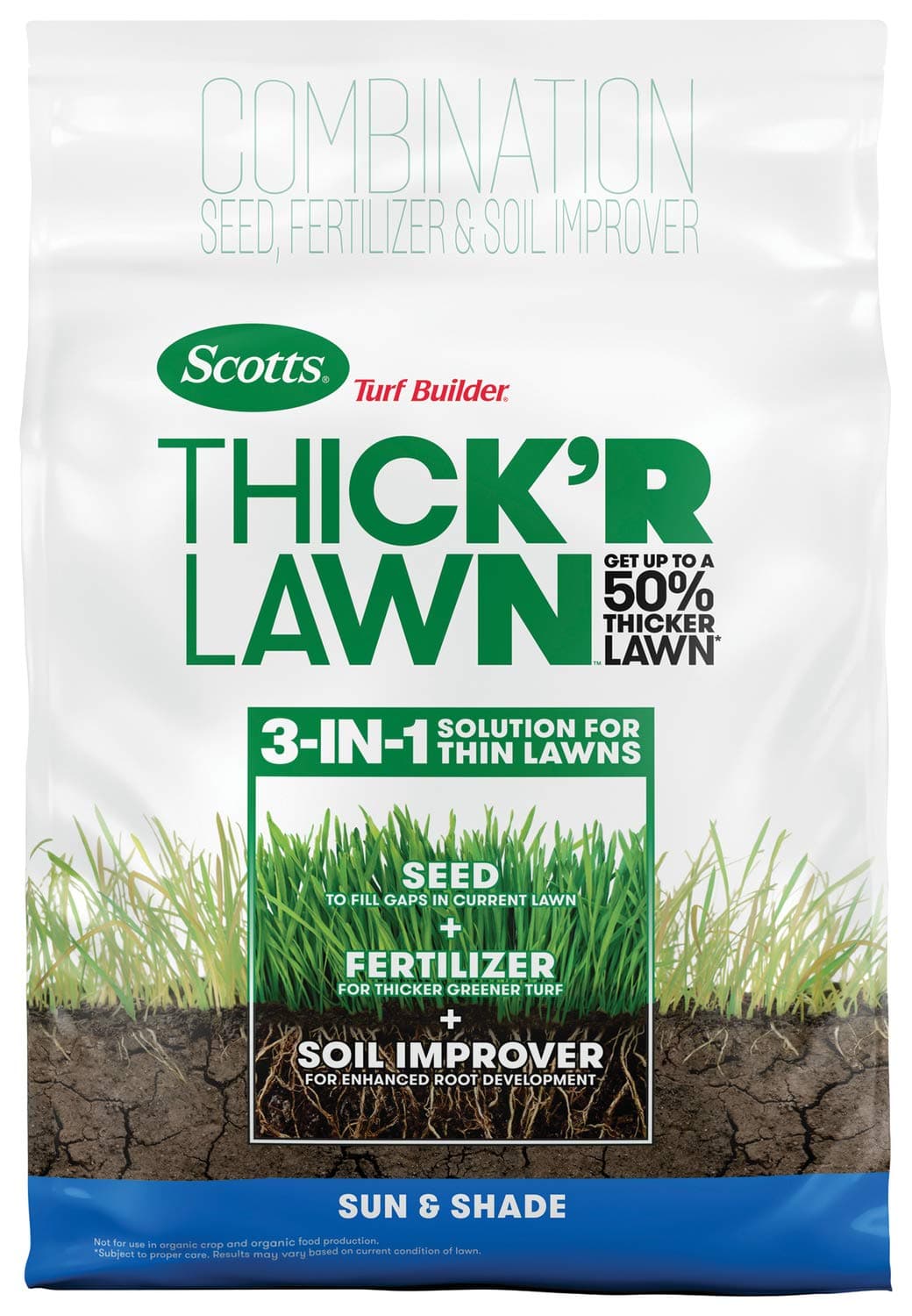 Turf Builder Thick'R Lawn Sun and Shade, 12 lb. - 3-in-1 Solution for Thin Lawns - Combination Seed, Fertilizer and Soil Improver for a Thicker, Greener Lawn - Covers 1,200 sq. ft.