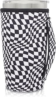 Neoprene Insulated Sleeves Cup Holder with Handle for 20oz Tumbler Cups, Reusable Iced Coffee Sleeve For 30oz - 32oz coffee cups(Black Checkerboard)