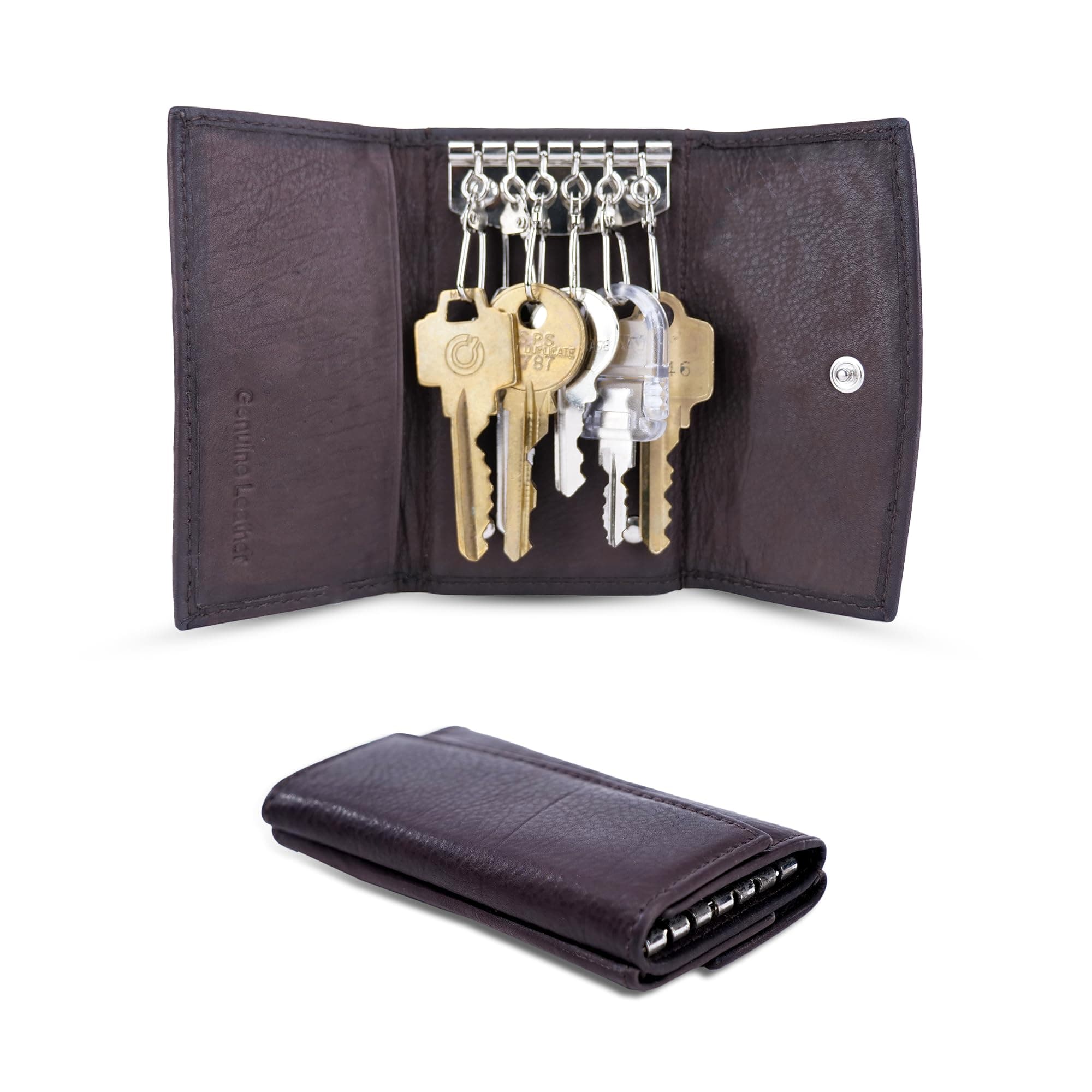 Li Fine Stitched Cowhide Leather Key Holder - Compact Key Organizer With 6 Hooks & Spacious Card & Money Storage - Secure & Durable Brown Case