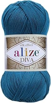 Diva Silk Effect 100% Microfiber Acrylic Sport Yarn 1 Ball skeins 100gr 383yds Color (646 - Mykonos Blue)