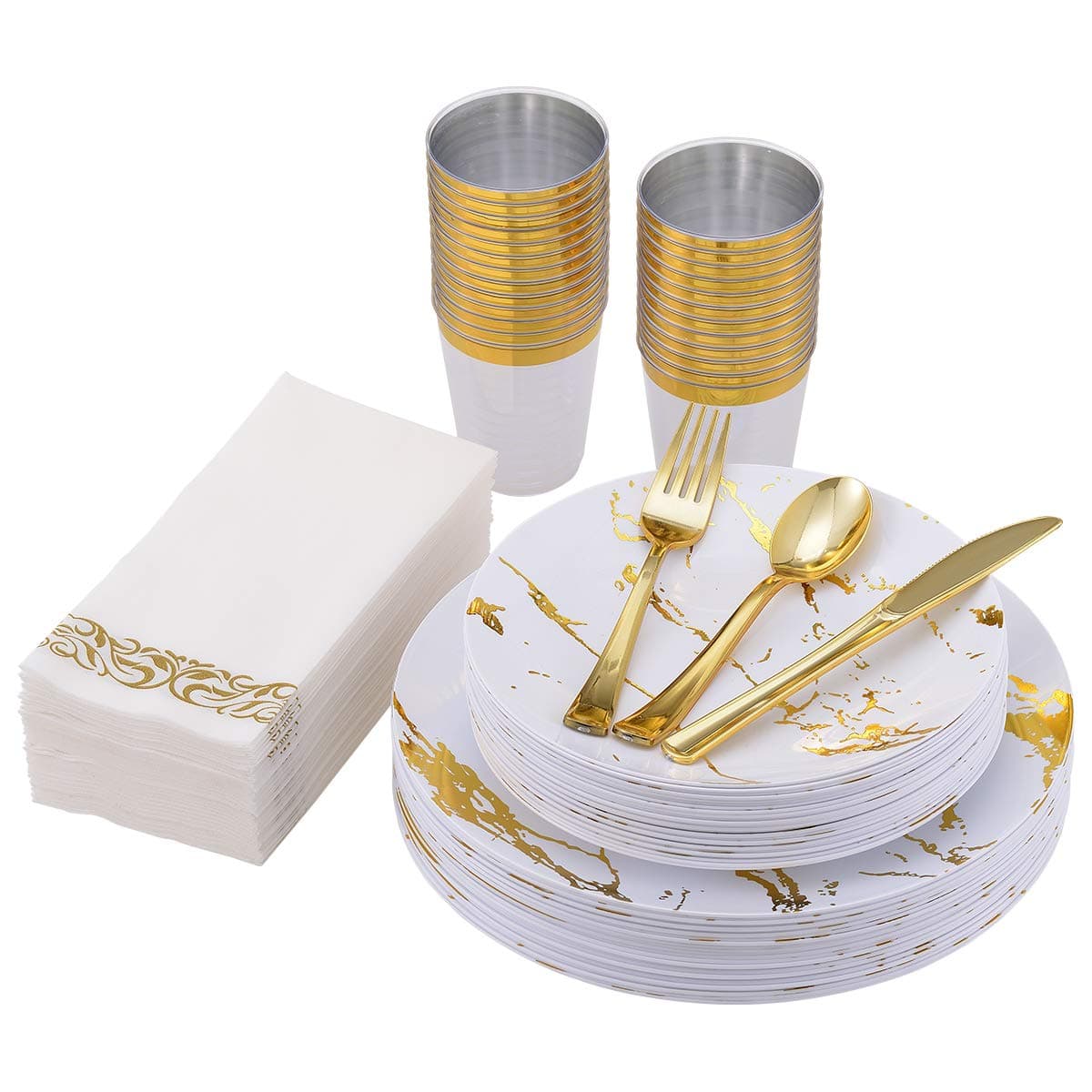 Vplus175 Count White and Gold Marbling Plastic Plates Sets, Disposable Dinnerware Sets for Party, Include 25 Dinner Plates,25 Dessert Plates,25 Forks,25 Knives,25 Spoons,25 Cups, 25 Napkins
