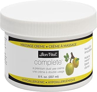 Bon Vital Complete Massage Creme, 8oz Jar, Unscented Non-Greasy Cream with Marula, Olive & Jojoba Oils, Hypoallergenic Moisturizer for Professional or Home Use, Premium Dual-Purpose, Massage Therapy