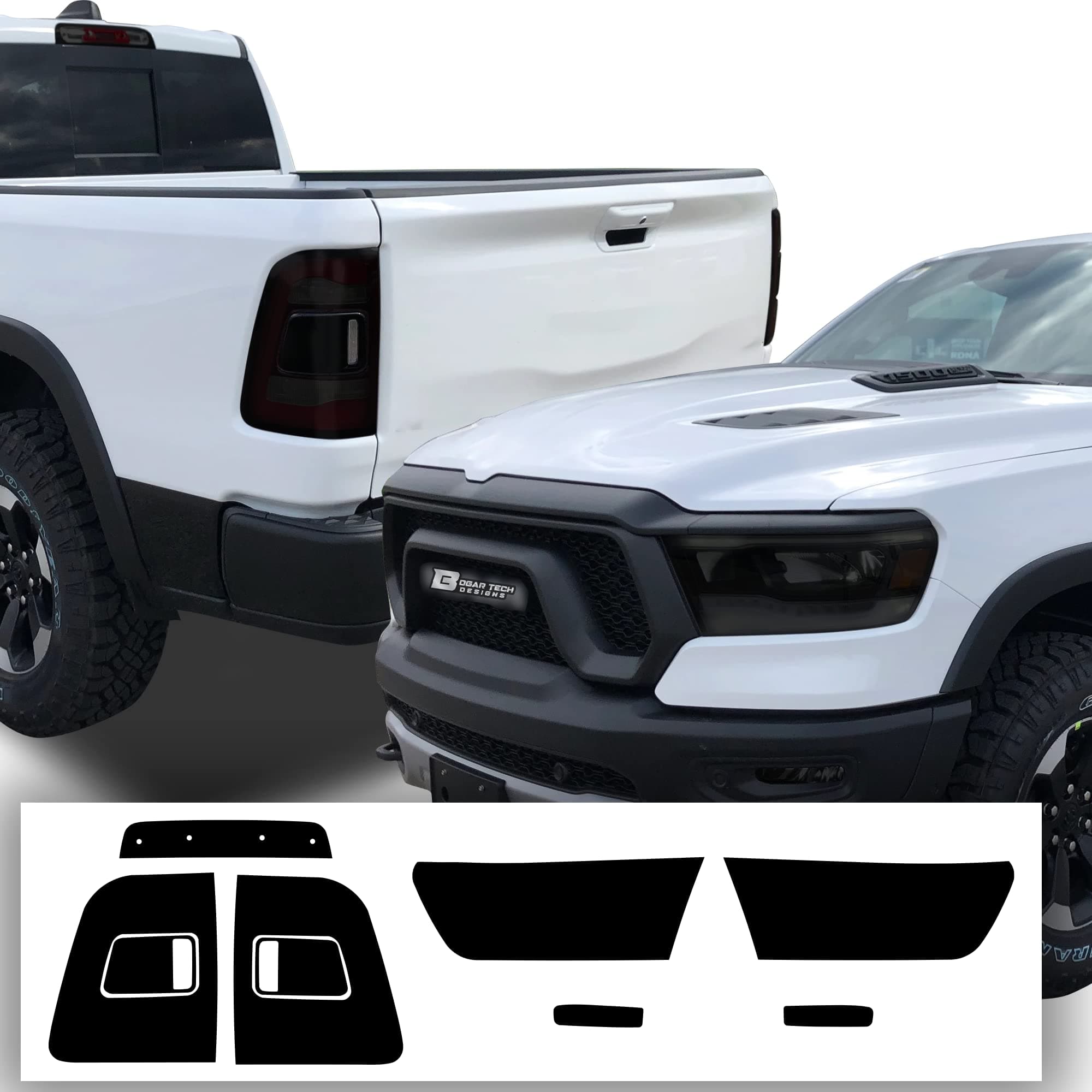 BOGAR TECH DESIGNS - Complete Full Headlight and Taillight Precut Overlay Tint Kit Tools Compatible with Dodge Ram 2019-2022, Dark