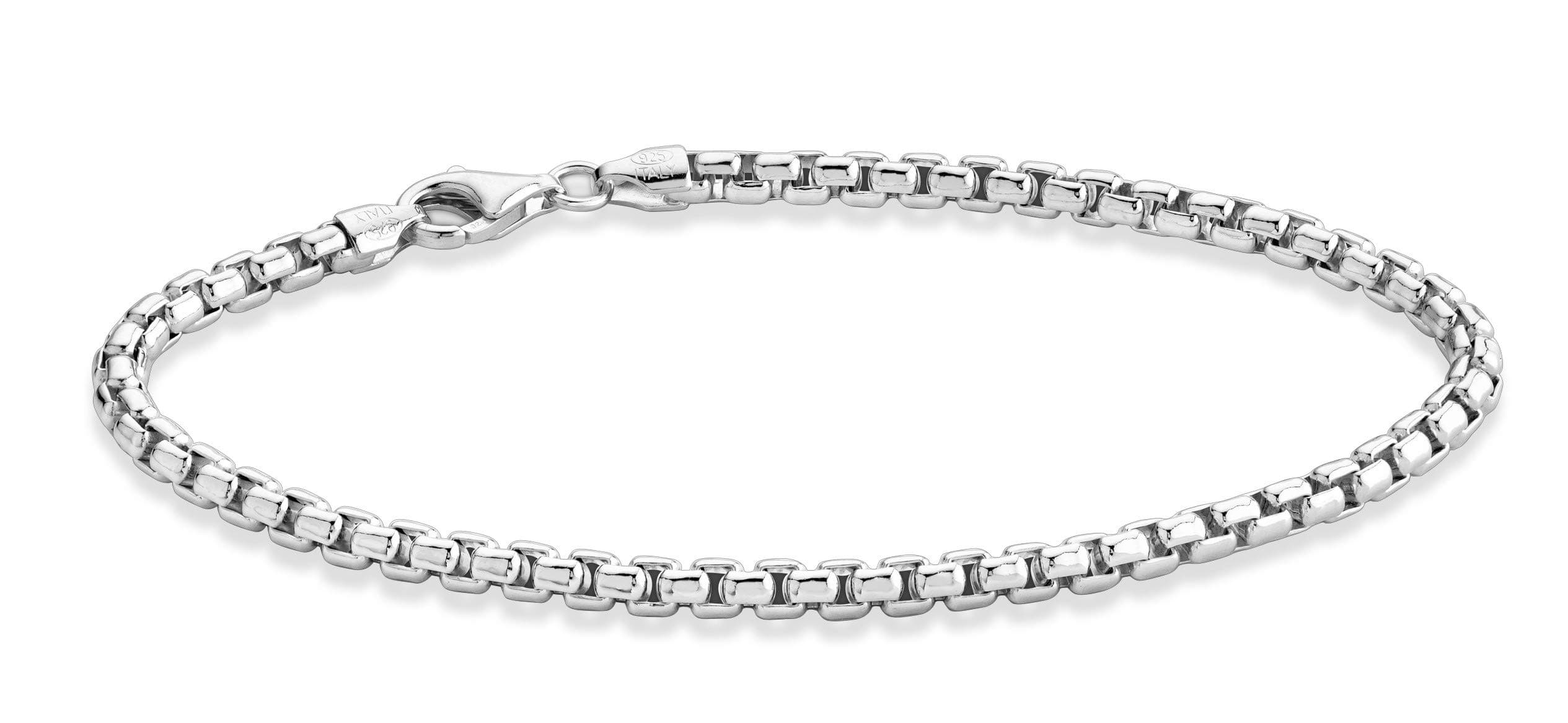 Solid 925 Sterling Silver Italian 3.5mm Square Rolo Link Round Box Chain Bracelet for Women Men, Made in Italy
