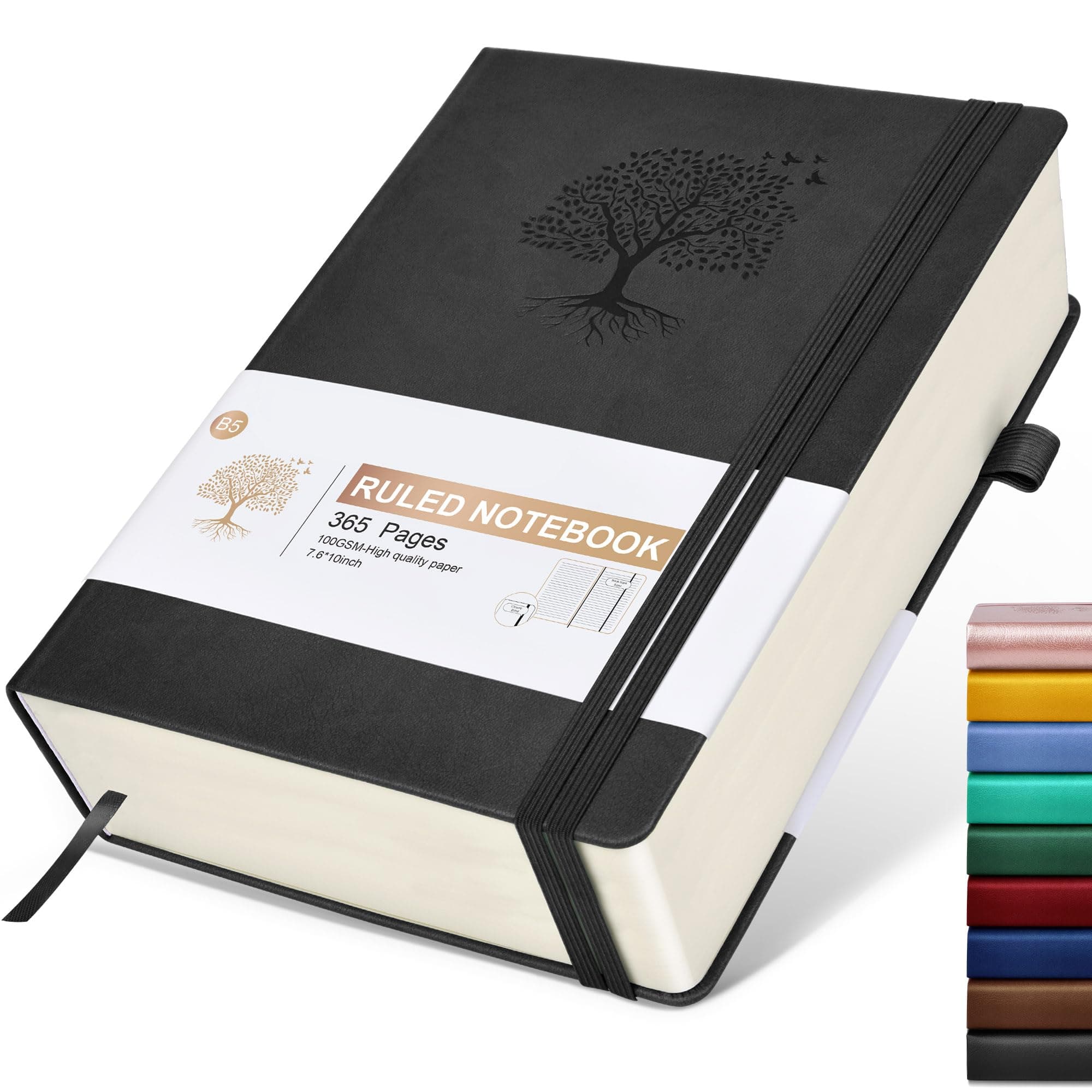 Lined Journal Notebook, 365 Pages B5 Large Journals for Writing Ruled Notebook, Hardcover Leather Journal for Women Men, Daily Notebook for Work, Note Taking, 100Gsm Thick Paper ( 7.6'' X 10'' Black)