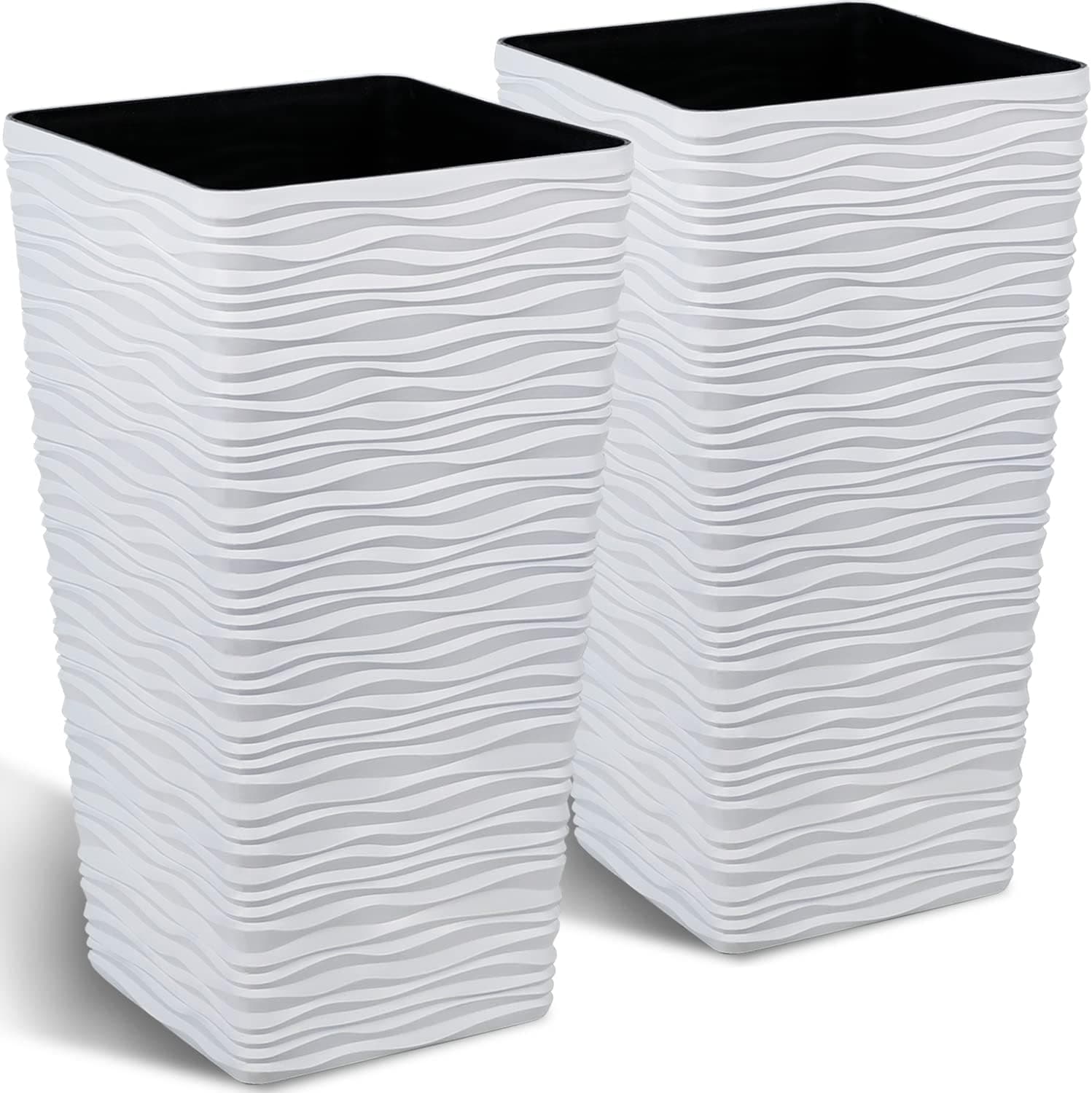 Worth Garden 2-Pack Tall Tapered Planter - Plastic White Square Plant Pots for Indoor Outdoor - 22" H. Large Tree Planter - Modern Matte Wavy Finish Flower Pots for Front Porch Containers Patio Deck