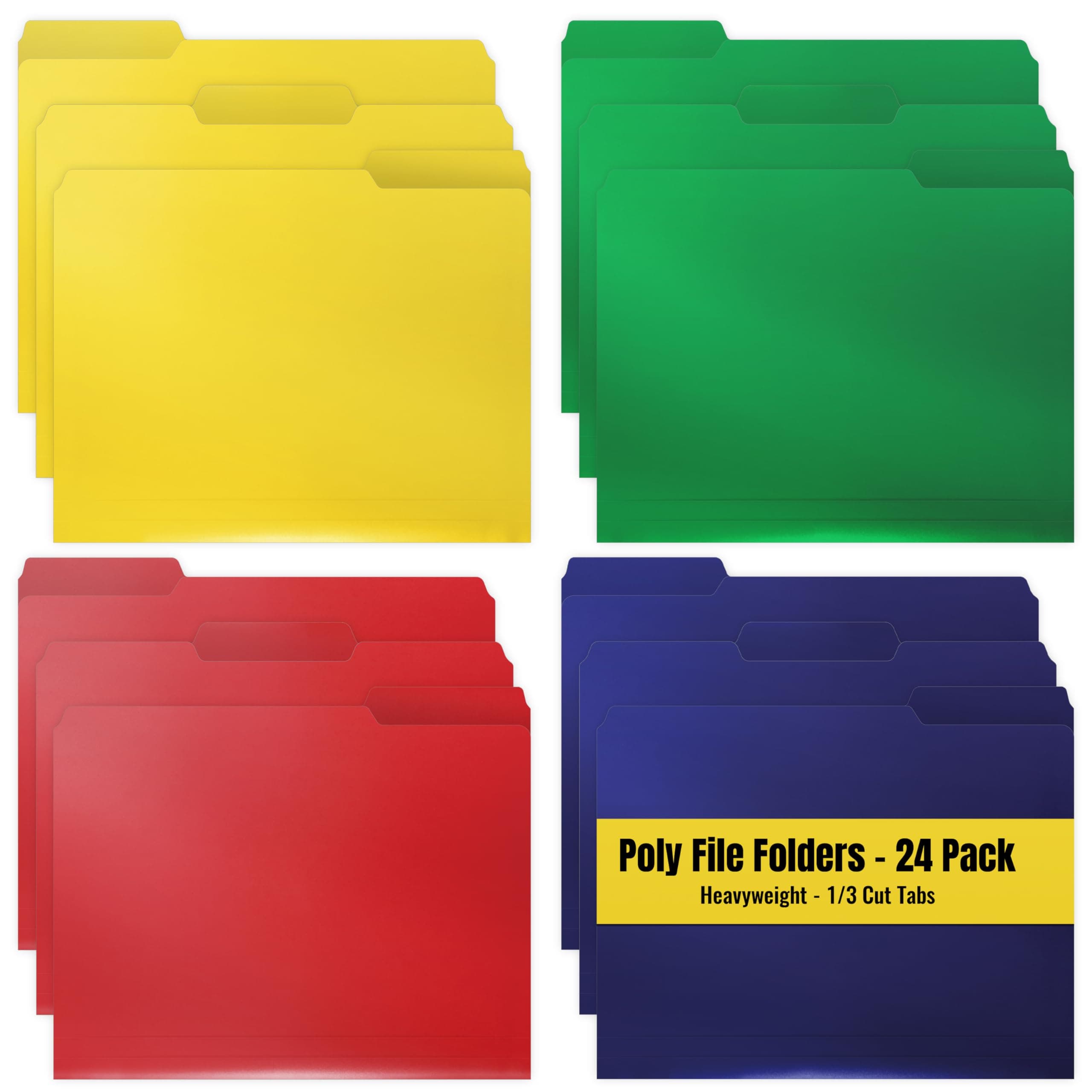 Better Office Products Heavyweight Poly File Folders, 1/3 Cut, Top Tab, 24 Per Box, Letter Size, Assorted Colors-Red, Blue, Yellow Green, 24 per Box