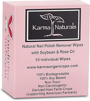 Karma Organic Natural Nail Polish Remover Wipes with Soybean and Rose Oil, 100% Soy Based, Non-Toxic, Vegan, Cruelty-Free – Pack of 10