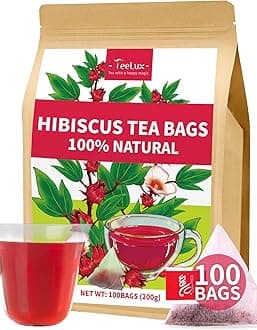 TeeLux Hibiscus Tea Bags, Natural Hibiscus Flowers Herbal Tea, Caffeine Free, Refreshing Tart Flavor, Hot & Iced Tea, 100 Count