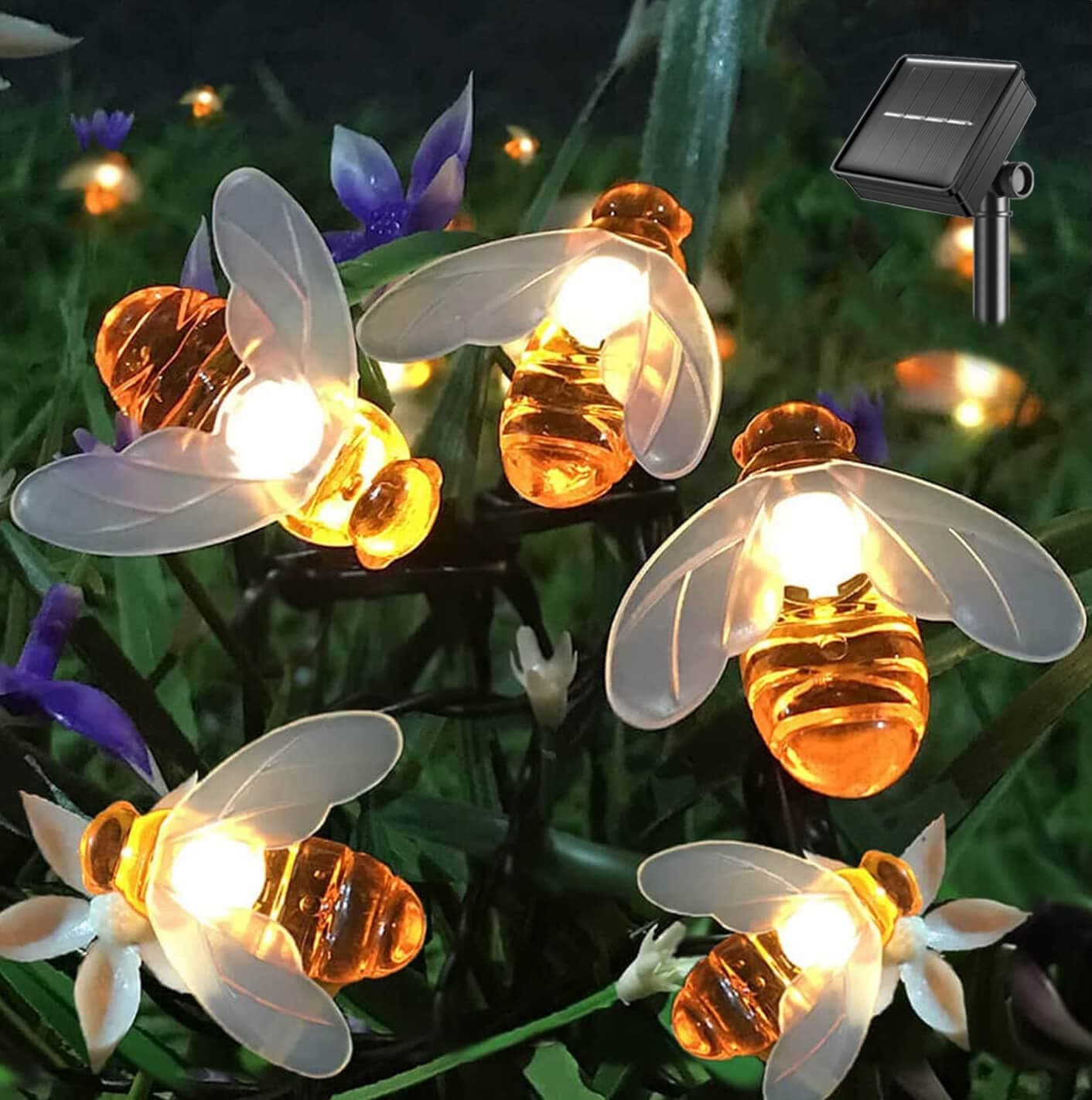 Semintech Solar String Lights with 20LED Outdoor Waterproof Simulation Honey Bees Decor for Garden Xmas Decorations Warm White