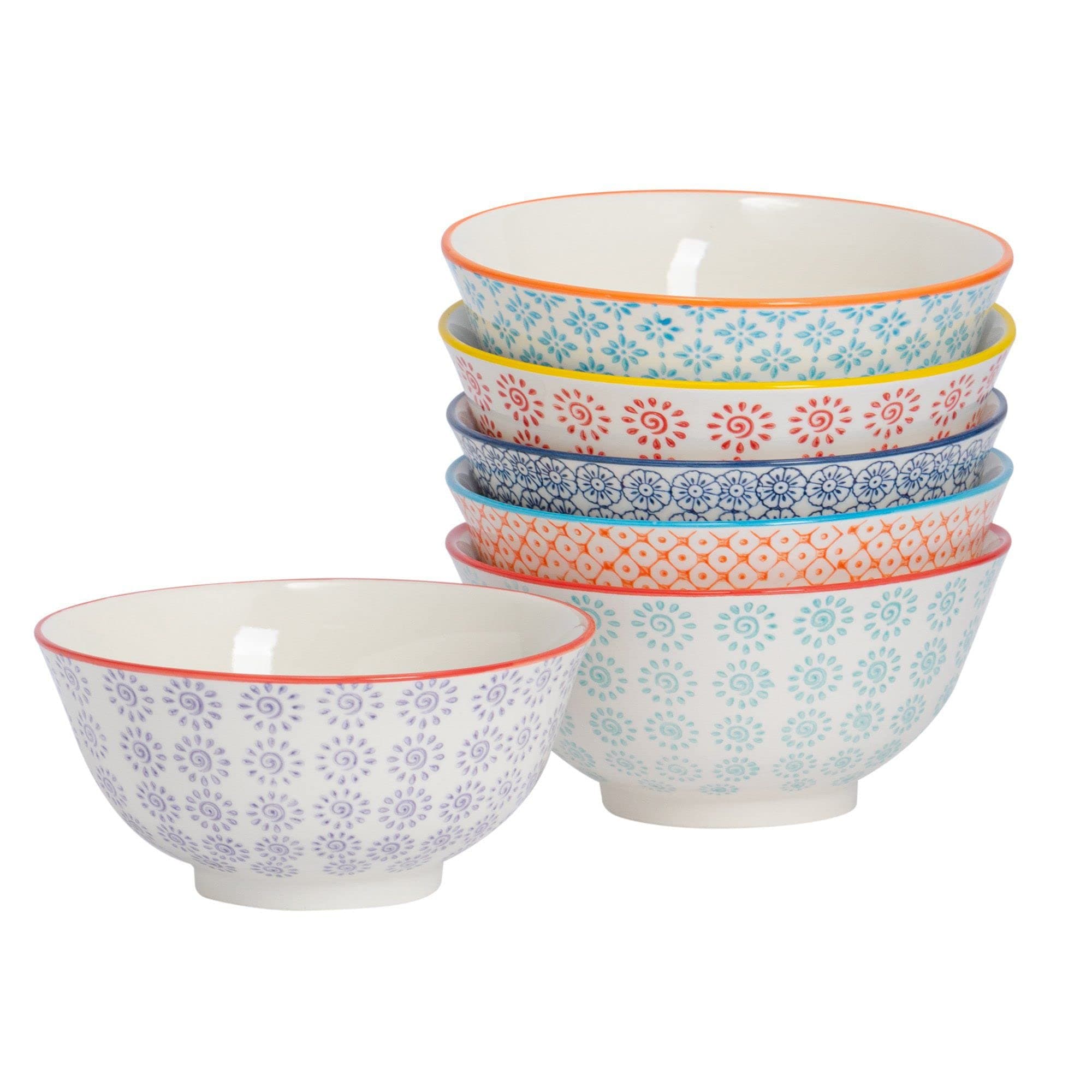 Nicola Spring Patterned Cereal Bowls - 6 Colours - 16cm - Pack of 6 - Hand Printed Japanese Style Porcelain Serving Bowls for Dessert, Pasta, Cereal, Salad, Noodles, Soup