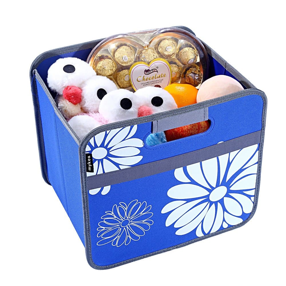 Foldable Storage Cube Basket Bin - MYKEA 15 Liter / 4 Gallon, Storage Box for Nursery, Car, Office,Picnic and Home ,in Mediterranean Blue with Flower To Organize and Carry Up To 65lbs