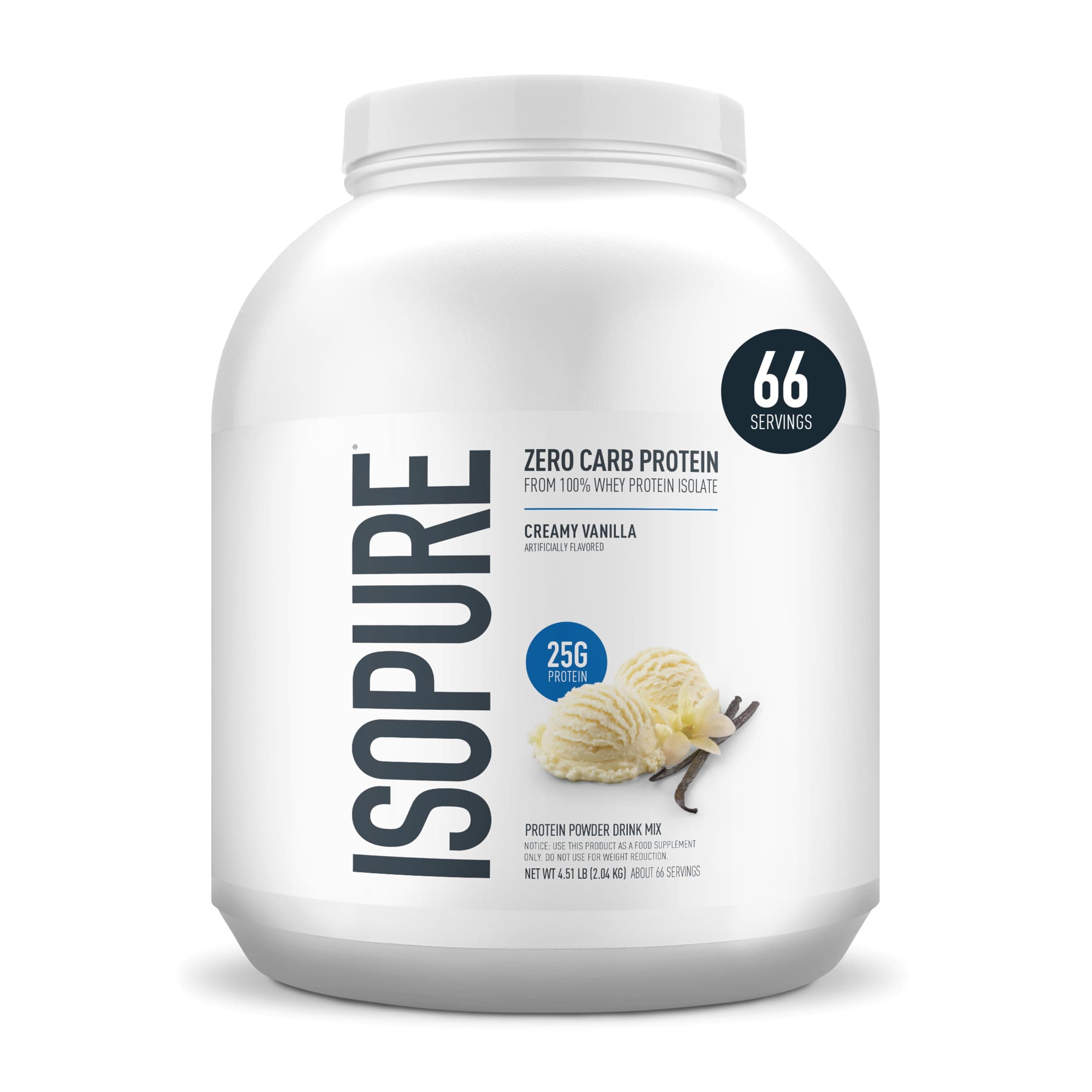 Zero Carb 100% Pure Whey Isolate Protein Powder, Gluten Free, With Vitamins, Creamy Vanilla, 25g Protein Per Serving, 4.5 Lbs, 66 Servings (Packaging May Vary)