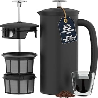 P7 French Press Stainless Steel 304 – Patented Double Walled Micro-Filter Insulated French Press Coffee Maker, Grit-Free Brew - Heat Resistant BPA Free Coffee Maker - Matte Black (32oz)