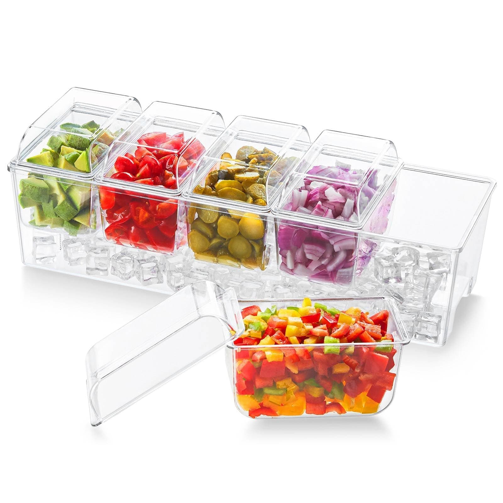 Ice Chilled Condiment Caddy with 5 Containers(2.5 cup), Condiment Server with Separate Lids, Serving Tray Platter with Removable Dishes for Bar Accessories, Fruit, Salad, Taco, Party Garnish