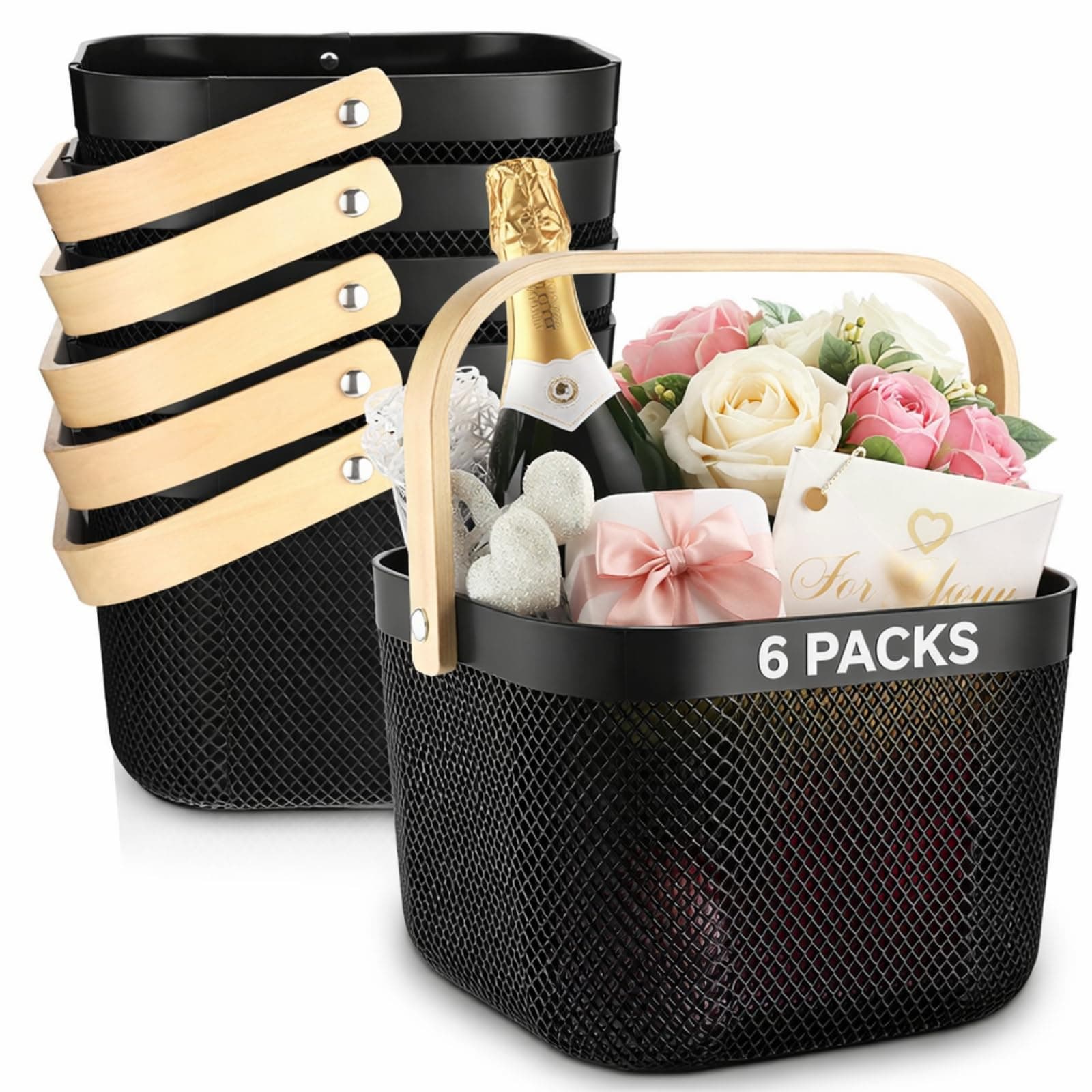 Roshtia 6 Pcs Plastic Mesh Storage Basket with Handle 9.8 x 10.2 x 7.1 Inch Garden Harvest Storage Basket Multi Functional Hanging Organizer for Kitchen Bathroom Picnic Cabinet Home(Black)