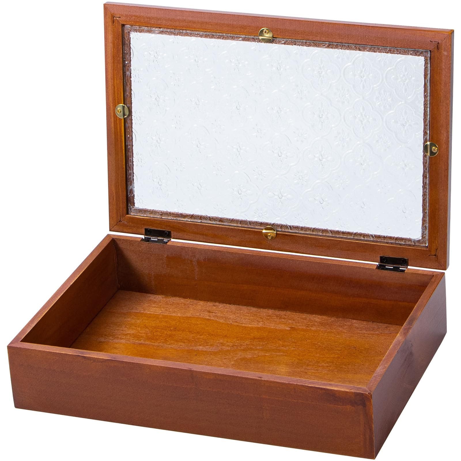 Useekoo Wooden Storage Box Container with Hinged Glass Lid & Front Clasp, 11.8”x7.8”x2.7” Vintage Wood Keepsake Boxes, Rustic Memory Gift Box for Jewelry, Wedding, Peals(Brown)