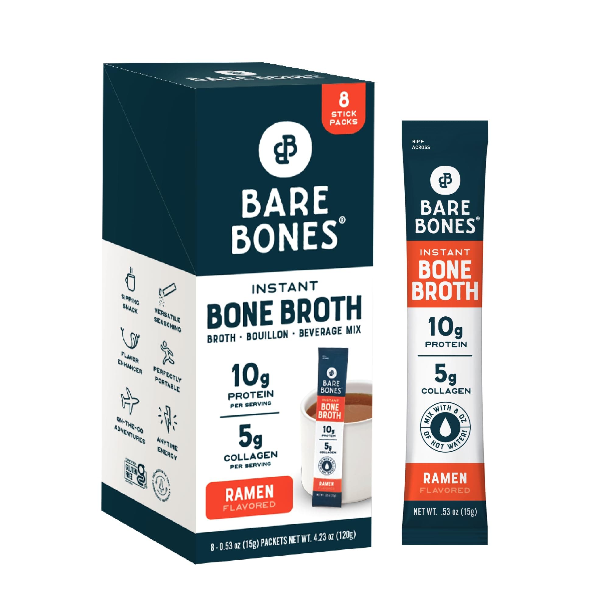 Bare Bones Bone Broth Instant Powdered Beverage Mix, Ramen, Pack of 8, 15g Sticks, 10g Protein, Keto & Paleo Friendly, Non-GMO, Gluten-Free, Dairy-Free